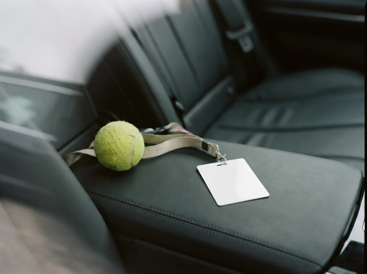 Tennis ball and tournament credential resting on the leather rear seat of a chauffeured S-Class