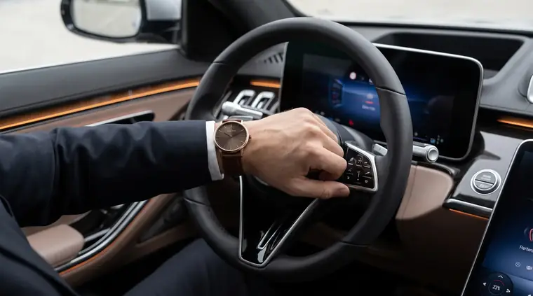 A chauffeur's wristwatch beside the steering wheel of a Famous Drive sedan