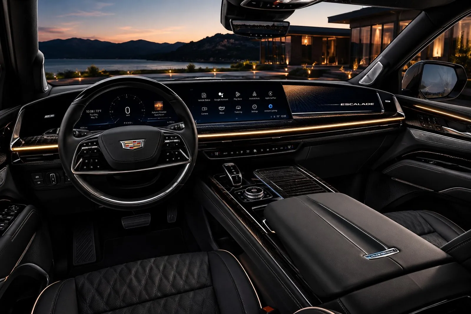 Inside a Cadillac Escalade at dusk, mountains ahead — the class of SUV used for every TLMT transfer