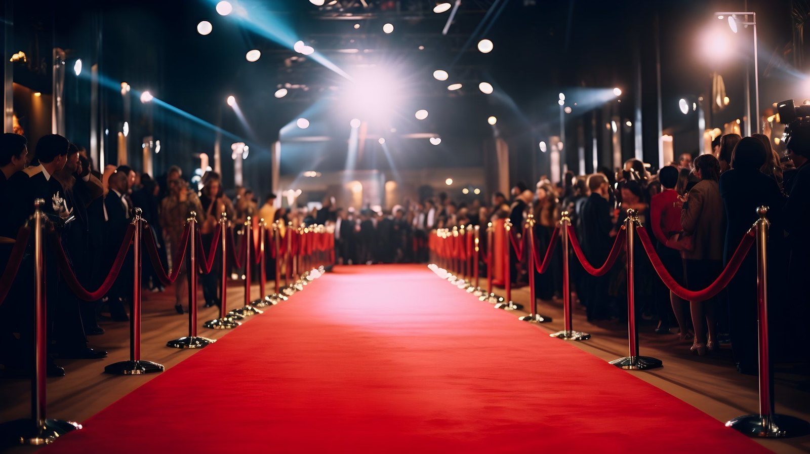A red carpet arrival under the lights.
