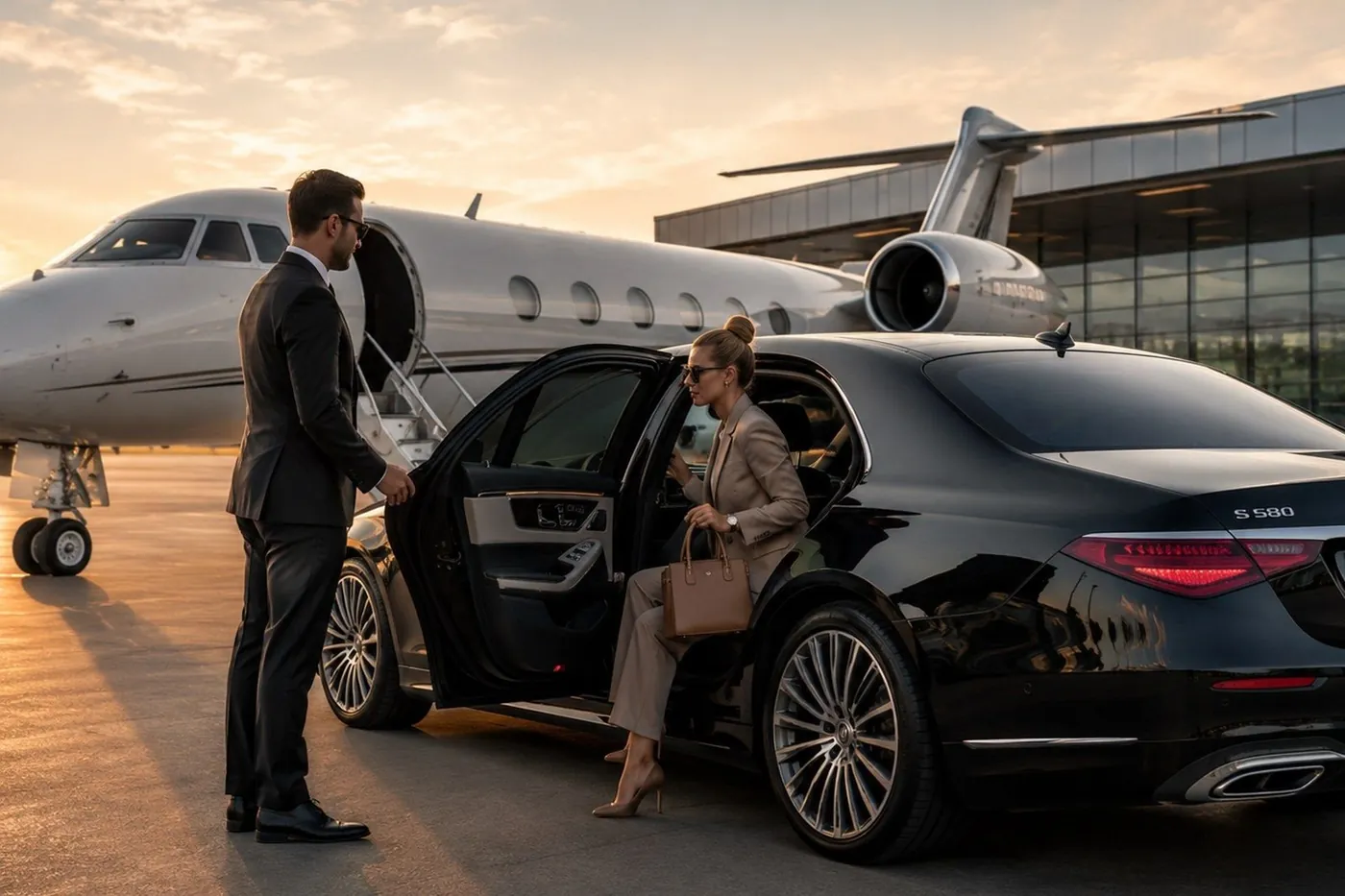 Private aviation transfer — chauffeur on the tarmac.